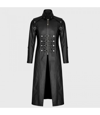 Men’s Long Black Gothic Coat | Imitation Leather Goth Jacket with Straps & Zipper